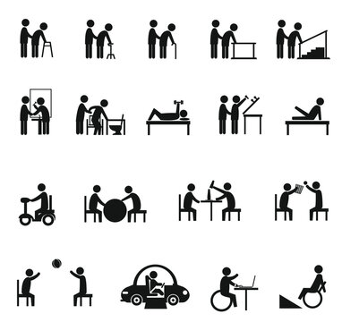 medical rehabilitation activities in disability people icon set 