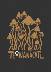 Illustrated greeting card with psychedelic mushrooms. Can be used as a stamp on clothing, postage stamp, cover