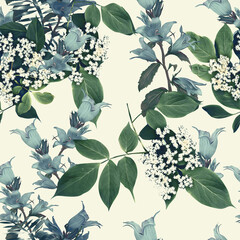 Bell flowers and elder plant, seamless pattern.