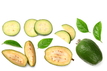 Tropical fruit feijoa with slices isolated on white background. Acca sellowiana. top view