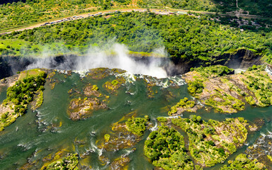 It's Amazing air view of the Victoria Falls, Zambia and Zimbabwe. UNESCO World Heritage