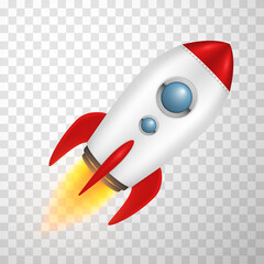 Flying rocket in realistic style. Spaceship, aircraft launch. Business sturt up, project development.