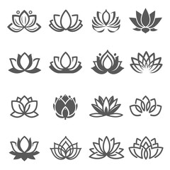 Lotuses, nelumbos black line and bold icons set isolated on white. Blooming flowers pictograms.