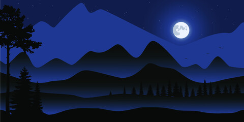 Mountains, forest, moon. Night landscape in dark blue tones. Hills and trees. Vector.