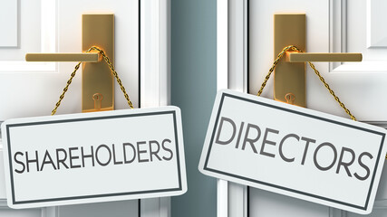 Shareholders and directors as a choice - pictured as words Shareholders, directors on doors to show that Shareholders and directors are opposite options while making decision, 3d illustration
