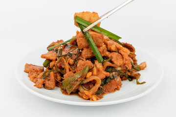 Stir-fried meat on white background