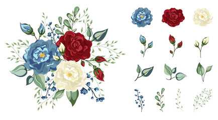 Vector floral set. Colorful red blue and white floral collection with leaves and flowers, watercolor drawing. Flower red, burgundy, navy blue rose, green leaves. Wedding concept with flowers. 