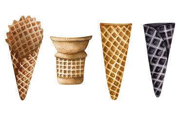 Watercolor empty  ice cream cones set isolated on white background.  Hand drawn collection of different cones for ice cream.