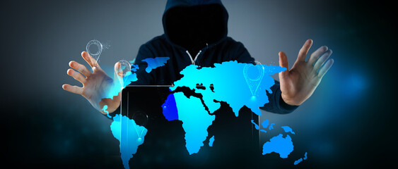 hacker with laptop world cyber war.