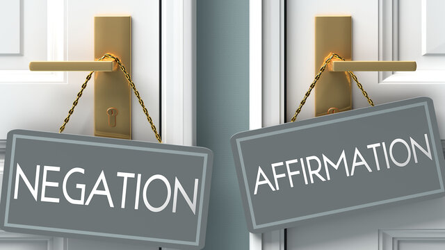 Affirmation Or Negation As A Choice In Life - Pictured As Words Negation, Affirmation On Doors To Show That Negation And Affirmation Are Different Options To Choose From, 3d Illustration