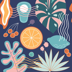 Collage modern floral seamless pattern. For paper, chintz, print. Bright simple texture in trendy colors. Modern exotic jungle illustration of plants, lemons, oranges, berries and leaves in vector.