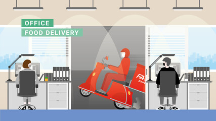 Online shopping and Delivery business. Red bike deliveryman with a fast concept to office workplace