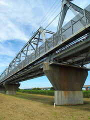 初夏の江戸川に架かる武蔵野線鉄橋と流山橋