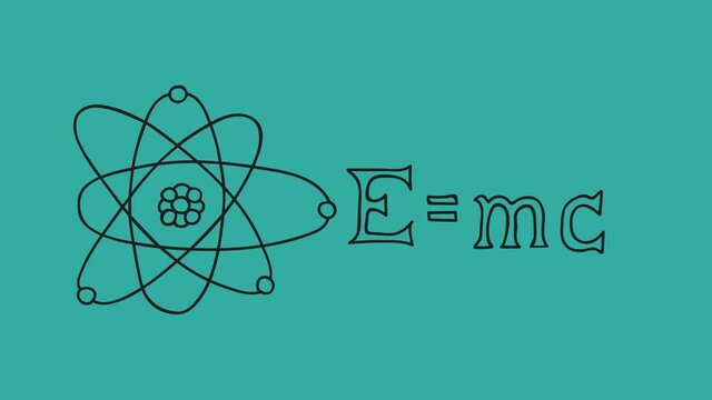 Footage animation of illustration of hand drawn sketch of symbolic atomic structure as planetary model and expression of potential mass energy equivalence formula. Educational video