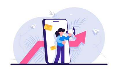 Marketing strategy concept. Woman with a megaphone on the background of a mobile phone and growth schedule. Marketing with a smartphone. Modern flat illustration.