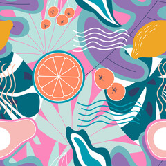 Collage modern floral seamless pattern. For paper, chintz, print. Bright simple texture in trendy colors. Modern exotic jungle illustration of plants, lemons, oranges, berries and leaves in vector.
