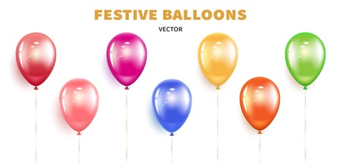 Set holiday balloons. Festive realistic air helium balloon design element with golden ribbon and bow. Isolated on a white background. Vector illustration.