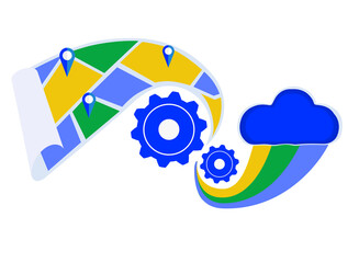 Analytics, processing, AI, ML and data science in GIS. Spatial data, geospatial data, geographic coordinate system. Vector concept illustration.
