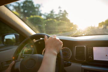 Naklejka premium Driving car on sunrise highway