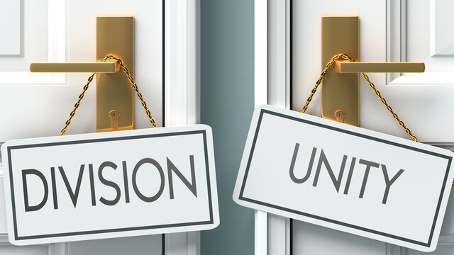 Division and unity as a choice - pictured as words Division, unity on doors to show that Division and unity are opposite options while making decision, 3d illustration