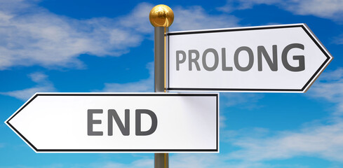 End and prolong as different choices in life - pictured as words End, prolong on road signs pointing at opposite ways to show that these are alternative options., 3d illustration