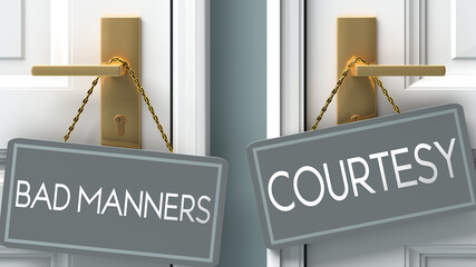 courtesy or bad manners as a choice in life - pictured as words bad manners, courtesy on doors to show that bad manners and courtesy are different options to choose from, 3d illustration