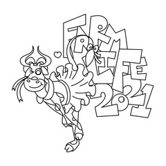 Happy dancing pin-up cartoon smiling cow in cute dotted dress