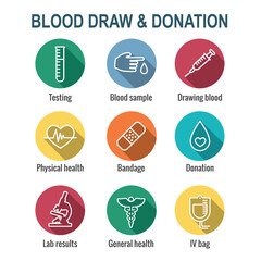 Blood testing and work icon set with syringe, donation, & blood sample ideas