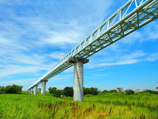 初夏のガス導管のある江戸川河川敷風景
