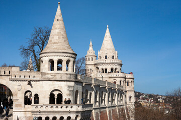 Fototapeta na wymiar Fishermen's Bastion (Halászbástya), Budapest, Hungary: one of the most important tourist attractions with a unique panorama of Budapest from the Neo-Romanesque lookout terraces