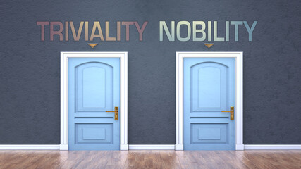 Obraz na płótnie Canvas Triviality and nobility as a choice - pictured as words Triviality, nobility on doors to show that Triviality and nobility are opposite options while making decision, 3d illustration