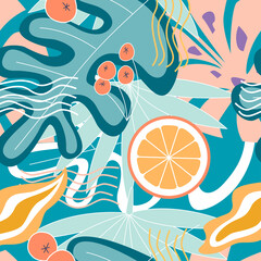 Collage modern floral seamless pattern. For paper, chintz, print. Bright simple texture in trendy colors. Modern exotic jungle illustration of plants, lemons, oranges, berries and leaves in vector.