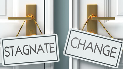 Stagnate and change as a choice - pictured as words Stagnate, change on doors to show that Stagnate and change are opposite options while making decision, 3d illustration