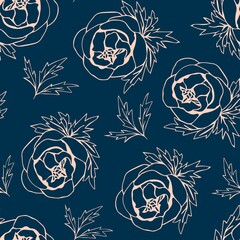 Delicate contrasting elegant floral vector seamless pattern. Hand drawn light pink contour of flowers peonies, leaves on a dark blue background. For printing on fabrics, textiles, bedding, clothing.
