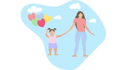 Illustration mom walks with daughter and balls. Vector image, eps 10