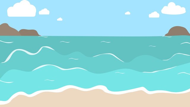 Illustrations of island, sea, beach, clouds, mountains. Vector image, eps 10
