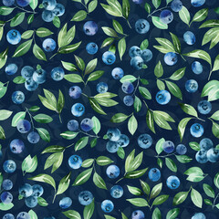 Watercolor blueberry seamless pattern, wild berries on dark blue background