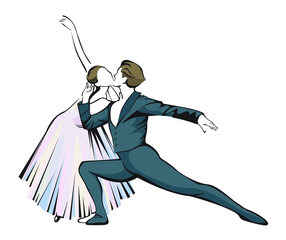 Color linear vector illustration of silhouettes of a man and a woman dancing ballet in costumes pastel colors