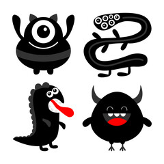 Monster black silhouette set. Dino, snake. Happy Halloween. Cute kawaii cartoon scary funny character icon. Eye, hair, tongue, teeth, hands. Funny baby collection. White background. Flat design.