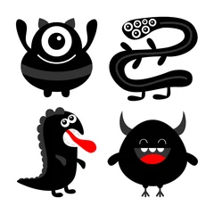 Fotobehang Monster black silhouette set. Dino, snake. Happy Halloween. Cute kawaii cartoon scary funny character icon. Eye, hair, tongue, teeth, hands. Funny baby collection. White background. Flat design. © worldofvector
