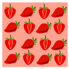 Pink background of strawberries in a cut and one strawberry