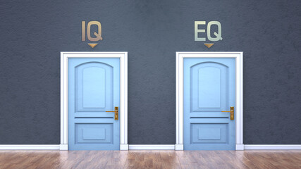 Obraz na płótnie Canvas Iq and eq as a choice - pictured as words Iq, eq on doors to show that Iq and eq are opposite options while making decision, 3d illustration