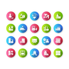 Shopping mall categories flat design long shadow glyph icons set. Online store products. Bookstore, toys shop. Fashion boutique. Drive in cinema. Silhouette RGB color illustration