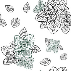 Seamless black and white mint leaves pattern.