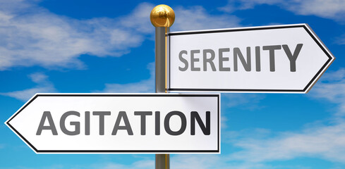 Agitation and serenity as different choices in life - pictured as words Agitation, serenity on road signs pointing at opposite ways to show that these are alternative options., 3d illustration