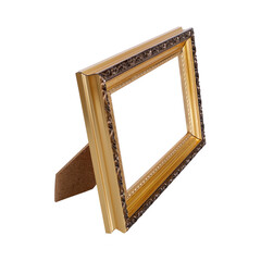Golden frame for paintings, mirrors or photo in perspective view isolated on white background....