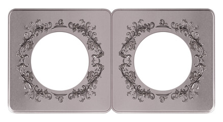 Double silver frame (diptych) for paintings, mirrors or photos isolated on white background. Design element with clipping path
