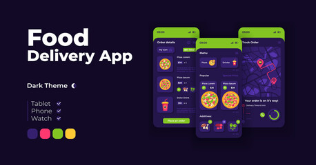Fast food delivery cartoon smartphone interface vector templates set. Mobile app screen page night mode design. Order menu, details and tracker UI for application. Phone display with flat illustration