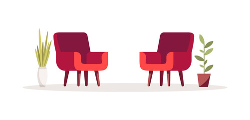 Red opposing chairs semi flat RGB color vector illustration. Two armchairs for psychological consultation. Comfortable home interior. Office furniture isolated cartoon object on white background