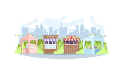 Food festival semi flat vector illustration. Counters with fastfood. Seasonal market with stores and shops. Fair in urban park. Summer festive 2D cartoon cityscape for commercial use